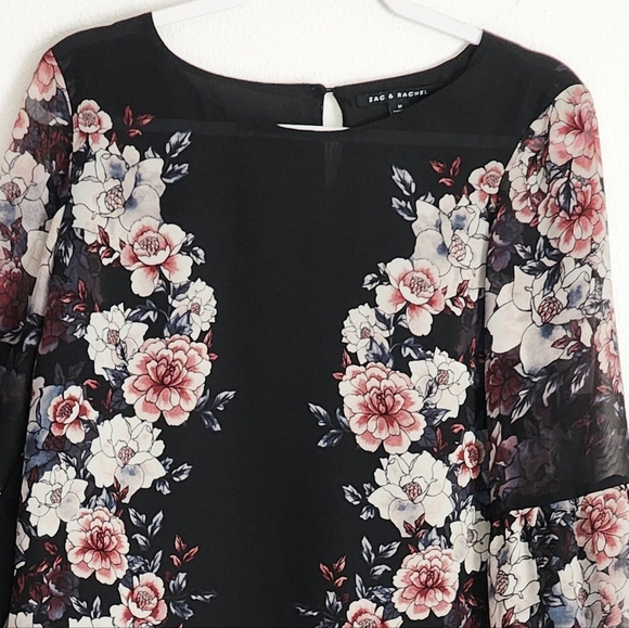 Zac & Rachel Women's Black Floral Bishop Sleeve Blouse Lined Sz M - Picture 2 of 4
